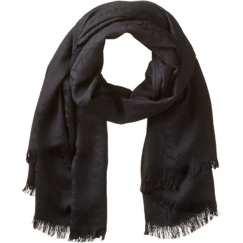 Women's Black Lightweight Pashmina Christmas Scarf Tonal Logo Pattern shawl
